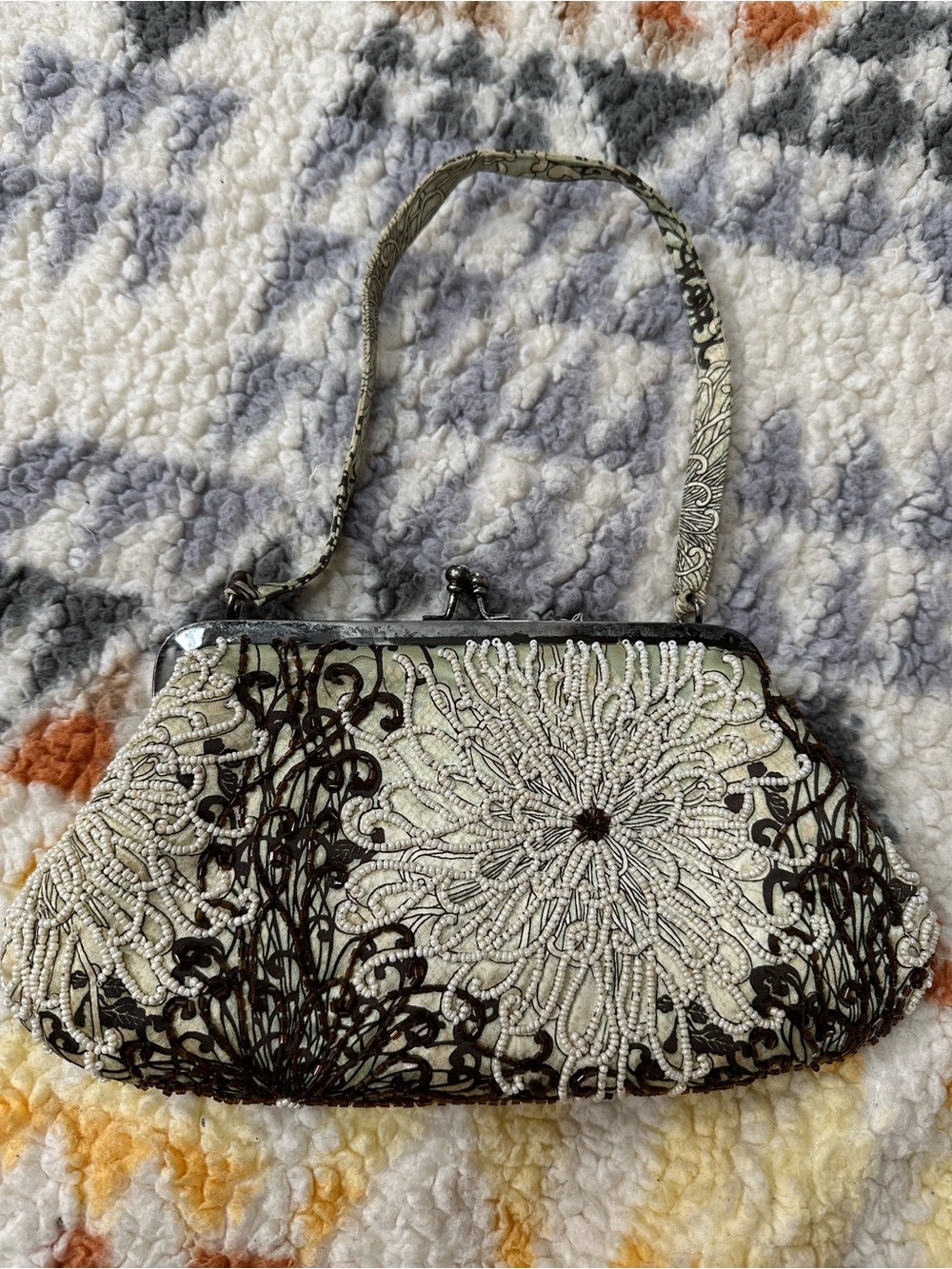 Vintage SANTI Beaded Clutch Floral Kiss Lock Evening Bag Ivory Brown